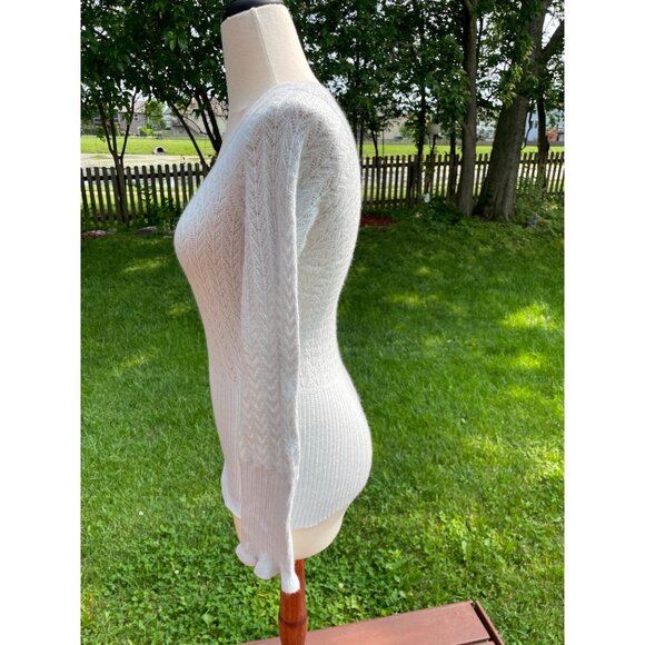 Express White Off-Shoulder Sweater M Angora Wool Blend Knit Ribbed Fitted Long S - Picture 2 of 7
